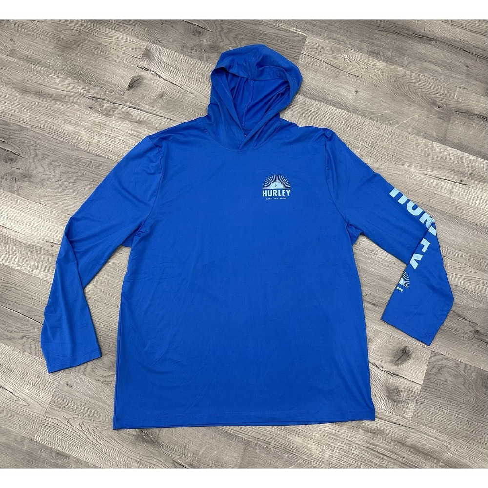 Hurley Men's Surf & Enjoy Long Sleeve UV Hooded Shirt Blue Size XXL READ